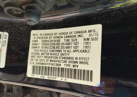 2015 Honda Cr-V Ex-L z USA, uszkodzony, nr VIN 2HKRM3H77FH513904